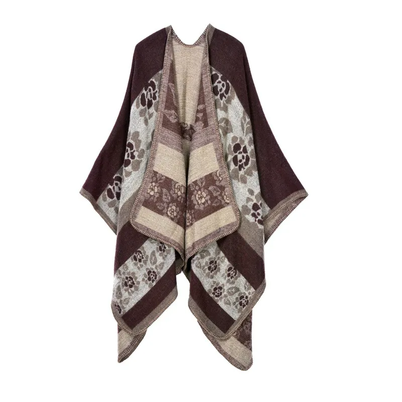 Thickened florets warm cashmere shawl cape - Coffee