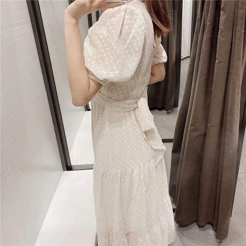 Cross tie V-neck light yellow long dress