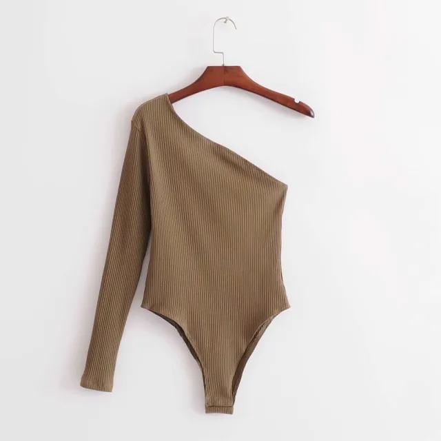 One shoulder long sleeved one piece T shirt Coffee - Shop at LoveMi