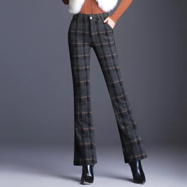Plaid woolen ladies casual flared pants Red - Shop at LoveMi