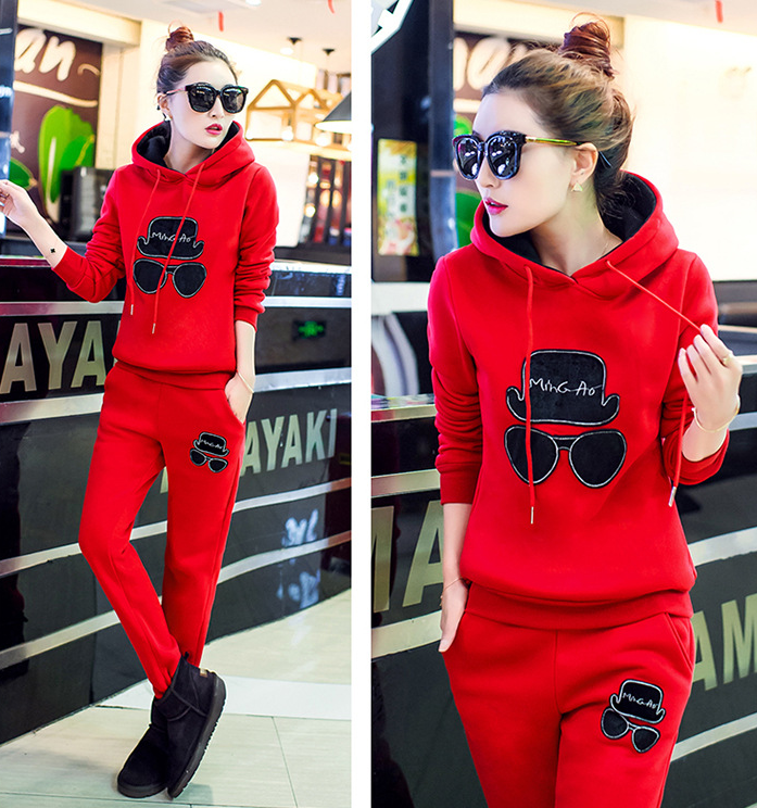 Autumn and winter new plus velvet thickening hooded long-sleeved trousers casual sweater fashion embroidery sports suit