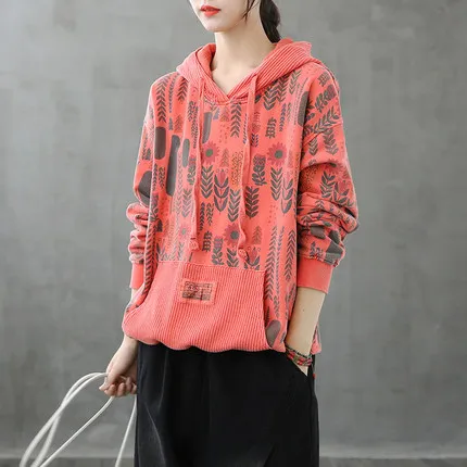 Retro print hooded sweater women loose slimming top - Pink