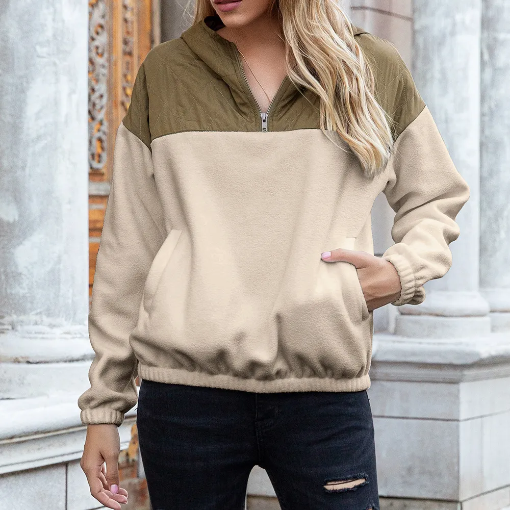 Loose plush sweater with pullover hood - Khaki