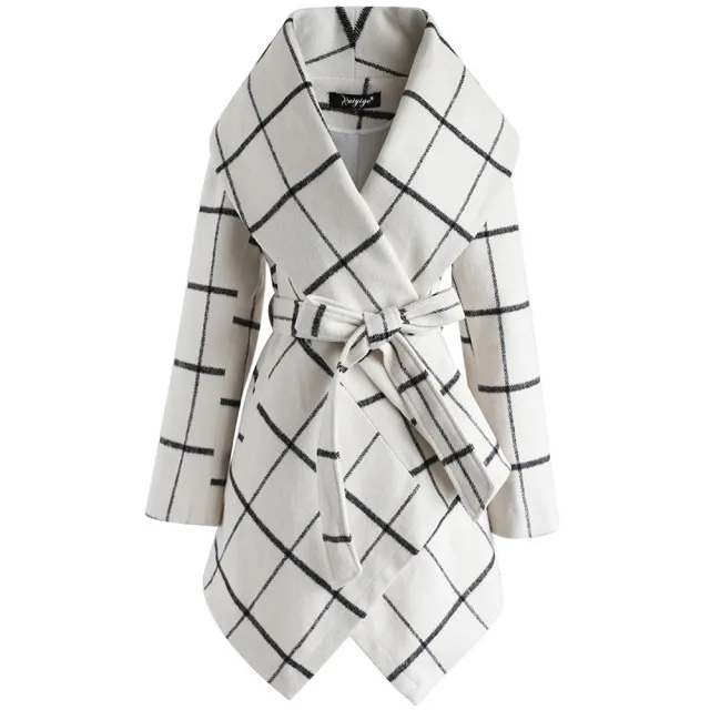 Lace up Plaid mid length top women's coat White - Shop at LoveMi
