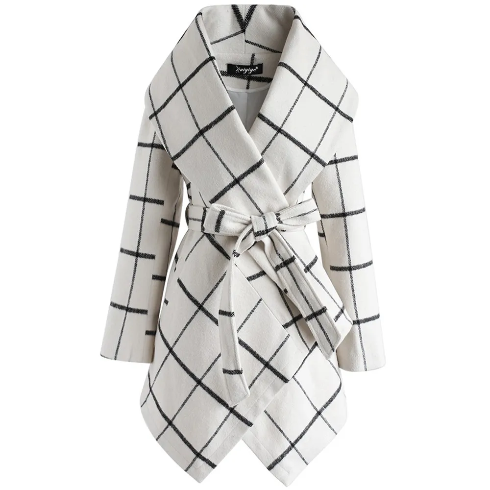 Lace up Plaid mid length top women's coat - White