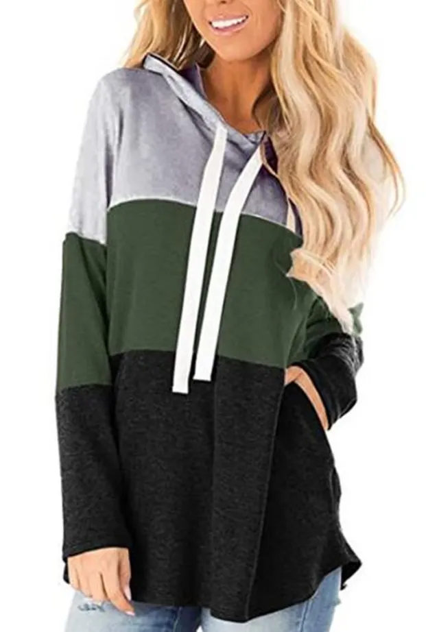 Three color pocket contrast color hooded sweatshirt Green - Shop at LoveMi