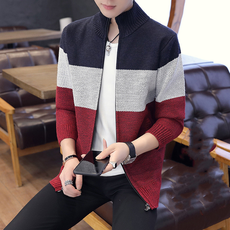 Knitted cardigan men's plus velvet padded sweater plus coat