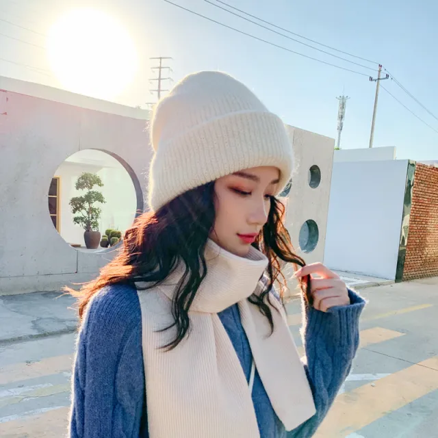 Rabbit fur thick warm woolen hat and scarf set Off White Hat Scarf - Shop at LoveMi