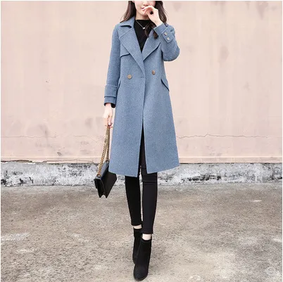 Women's mid length Hepburn style woolen coat Blue - Shop at LoveMi