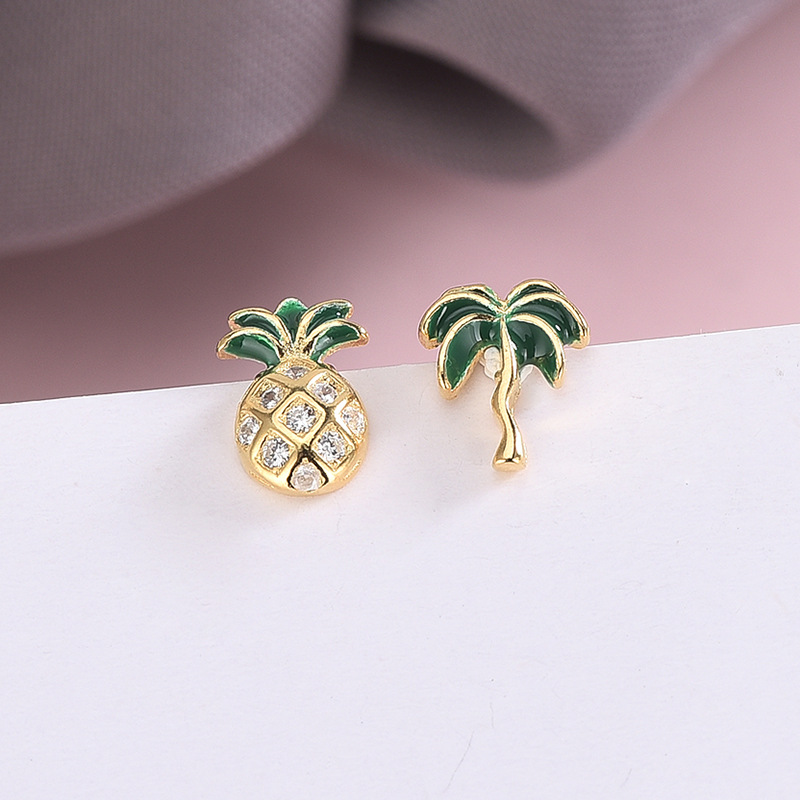 Pineapple coconut tree asymmetrical earrings