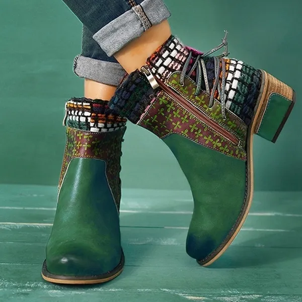 Retro fabric stitching adjustable leather pattern warm boots Green - Shop at LoveMi