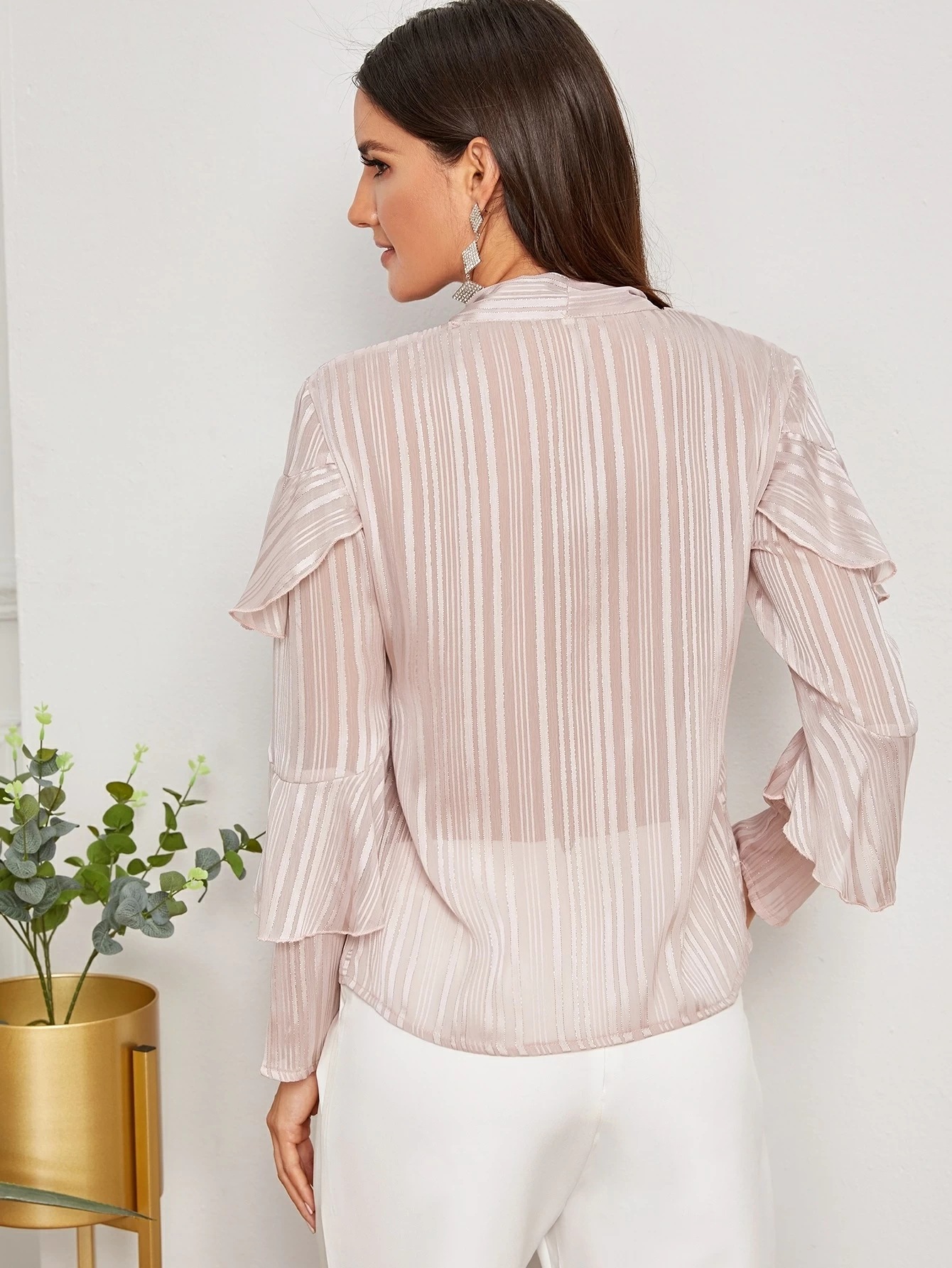 Women's fashion V-neck neckline lace up stripe Long Sleeve Shirt Top
