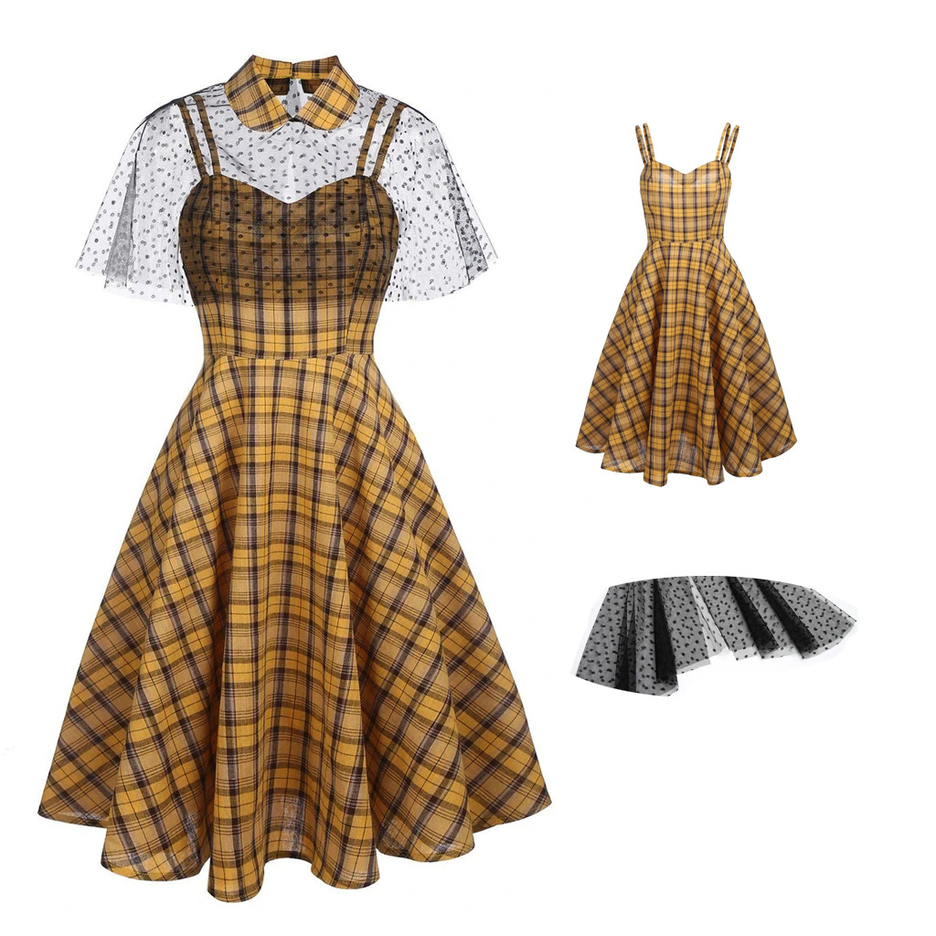Plaid stitching mesh sexy retro big swing dress