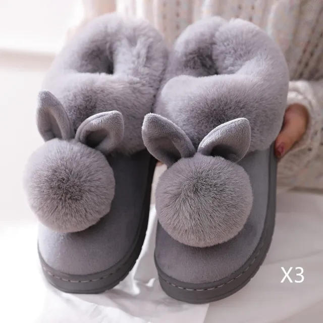 Autumn Winter Cotton Slippers Fur Rabbit Home Warm Thick Bottom Indoor Cotton Shoes Womens Slippers Cute Fluffy Cat Slippers Grey - Shop at LoveMi