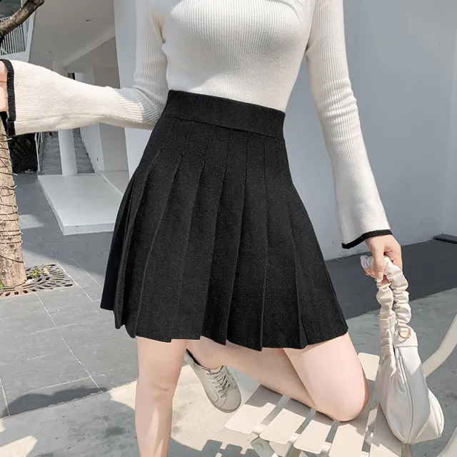 High waist knitted a line pleated skirt bag hip skirt Black - Shop at LoveMi