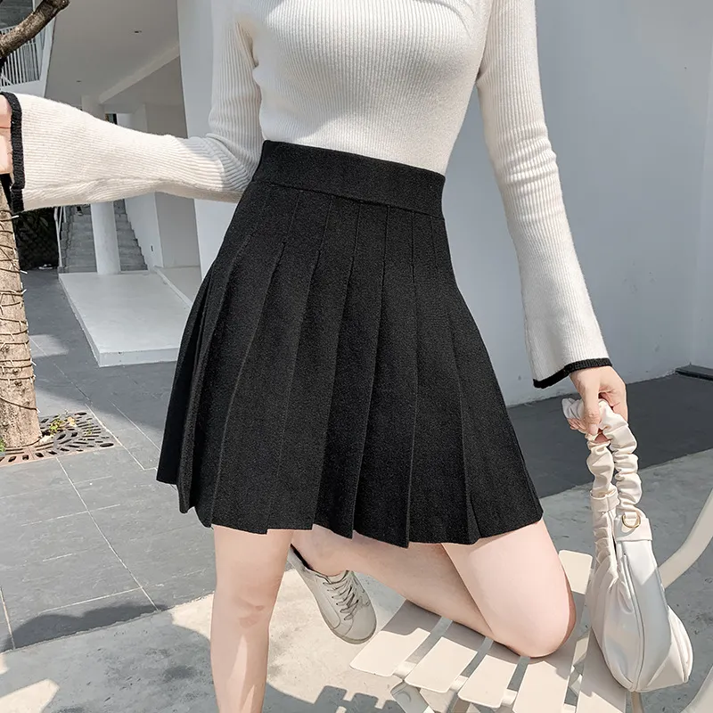 High waist knitted a-line pleated skirt bag hip skirt - Black
