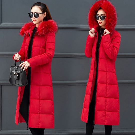 Hooded long down padded jacket with faux fox fur collar Red - Shop at LoveMi