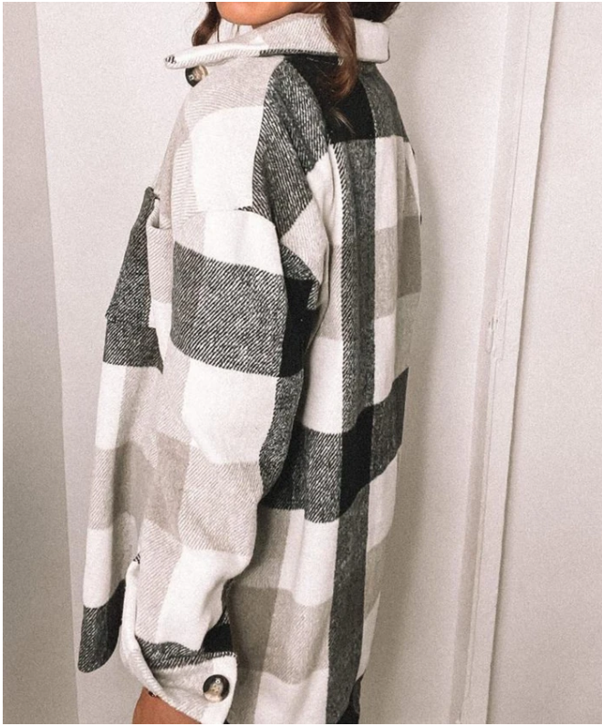 Long-sleeved lapel loose-fit blouse plaid woolen coat