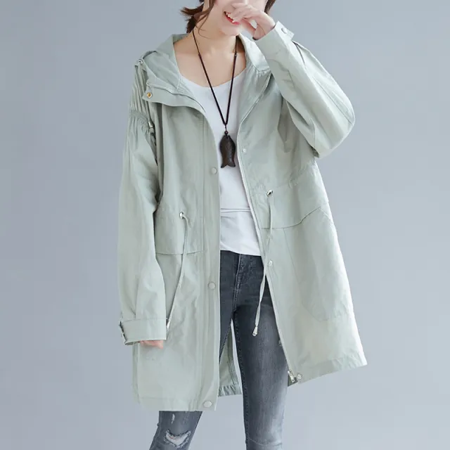 Large size autumn 200 kg Korean loose mid length hooded trench coat Grey Green - Shop at LoveMi