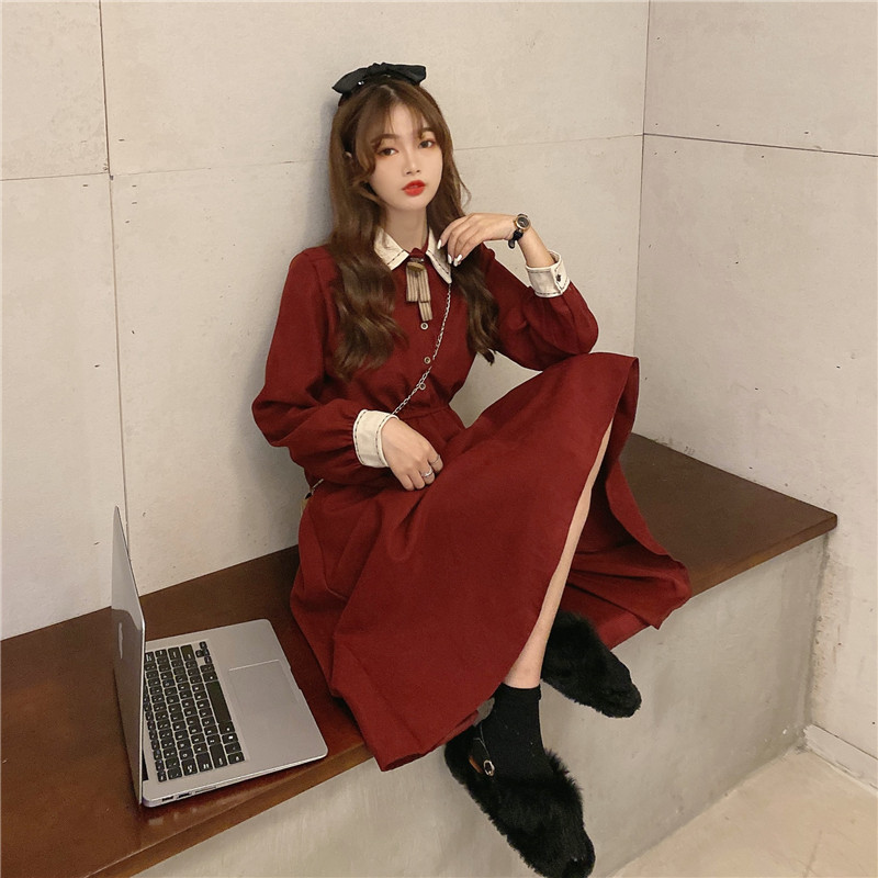 Lapel temperament A-line long sleeve dress