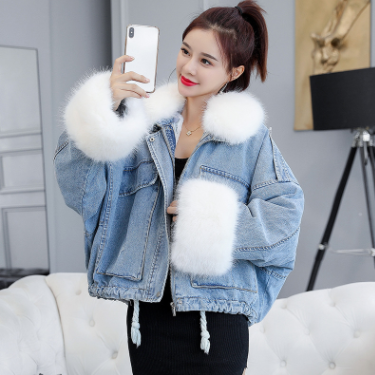 Detachable rabbit fur two piece denim coat White - Shop at LoveMi