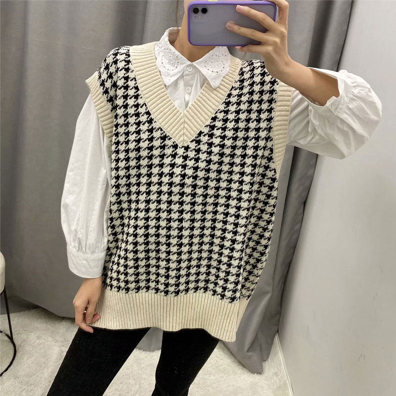 New Women's Loose Houndstooth Knit Vest Top