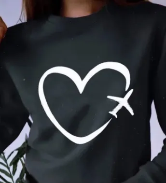 Autumn sweater heart shaped airplane printed Sweatshirt women's top Black - Shop at LoveMi