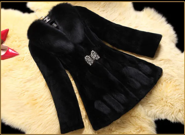New Rex Rabbit Fleece Haining Fur Coat Mid length Lady Fox Fur Collar Slim Fit Black - Shop at LoveMi