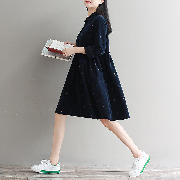 Literary print corduroy long sleeve dress