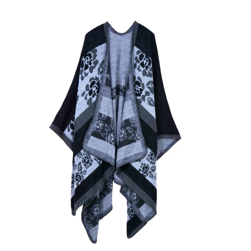 Thickened florets warm cashmere shawl cape - Black