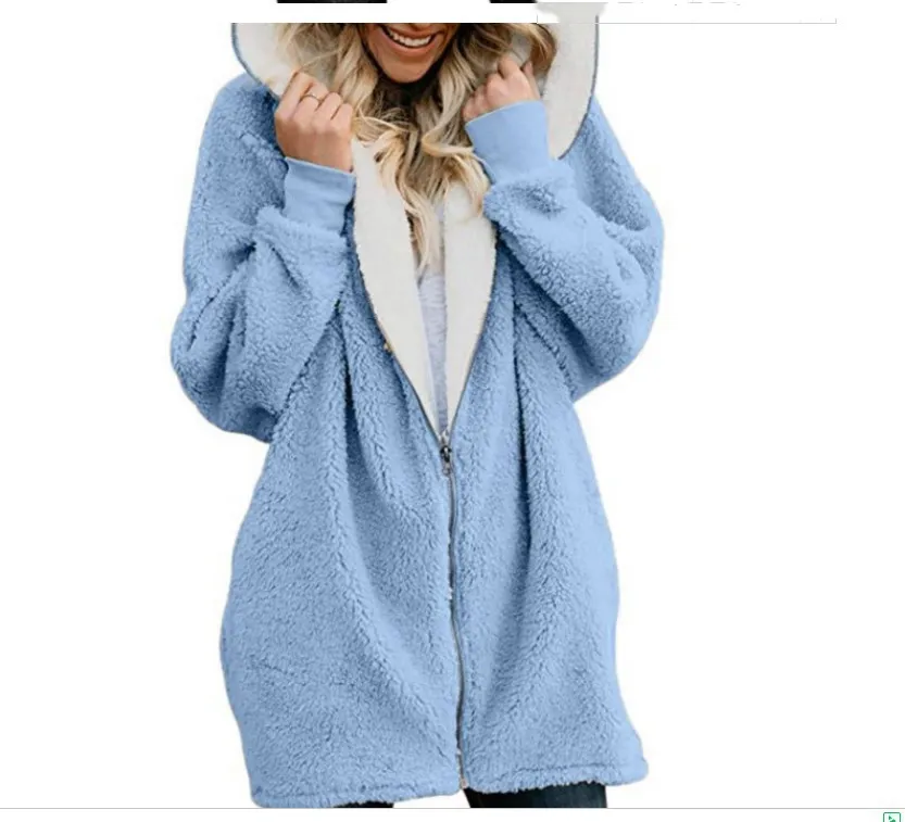 European and American lamb wool hooded mid-length sweater - Blue