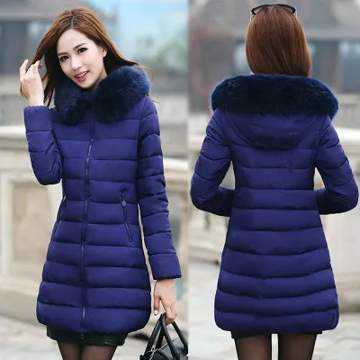 Fur collar mid length thick down cotton Blue - Shop at LoveMi