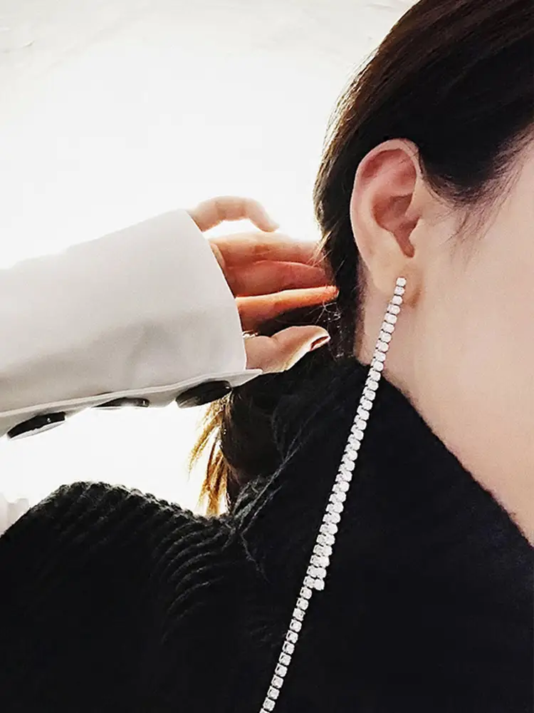 Silver needle long tassel earrings female