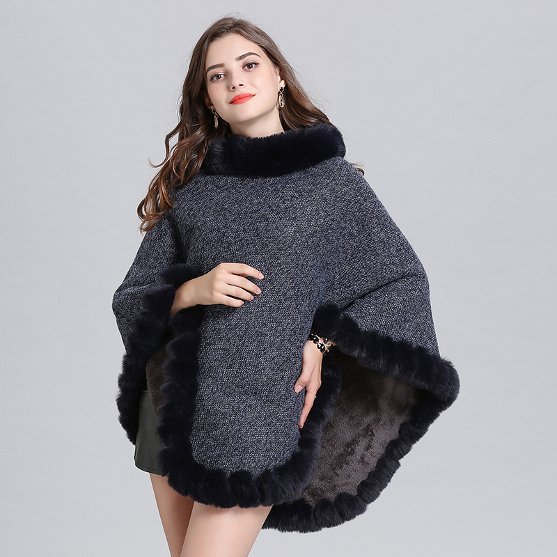Knit sweater cloak shawl coat women Navy Blue - Shop at LoveMi