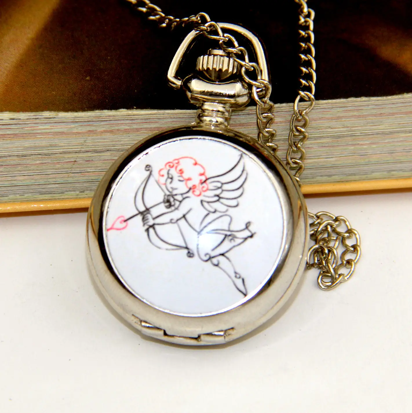 Lovely Angel White Steel Enamel Pocket Watch