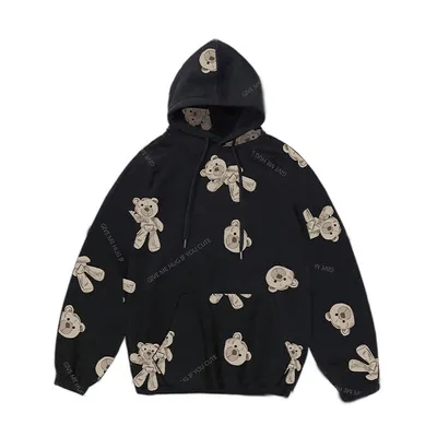Plush bear full print hooded street fashion sweater - Black Plus Velvet