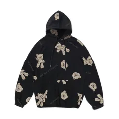 Plush bear full print hooded street fashion sweater - Black Plus Velvet - View 1
