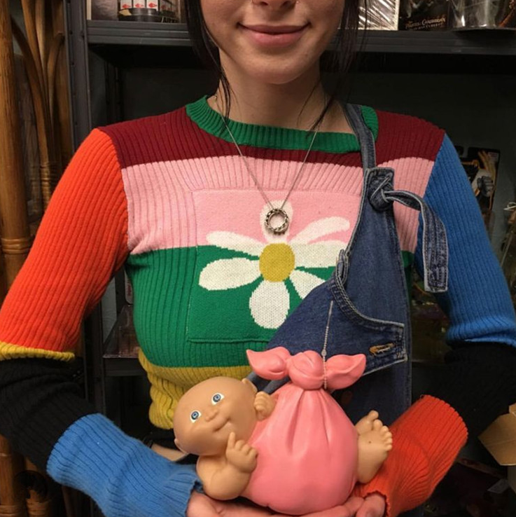 Color color matching flower sweater round neck thread knit bell sleeve