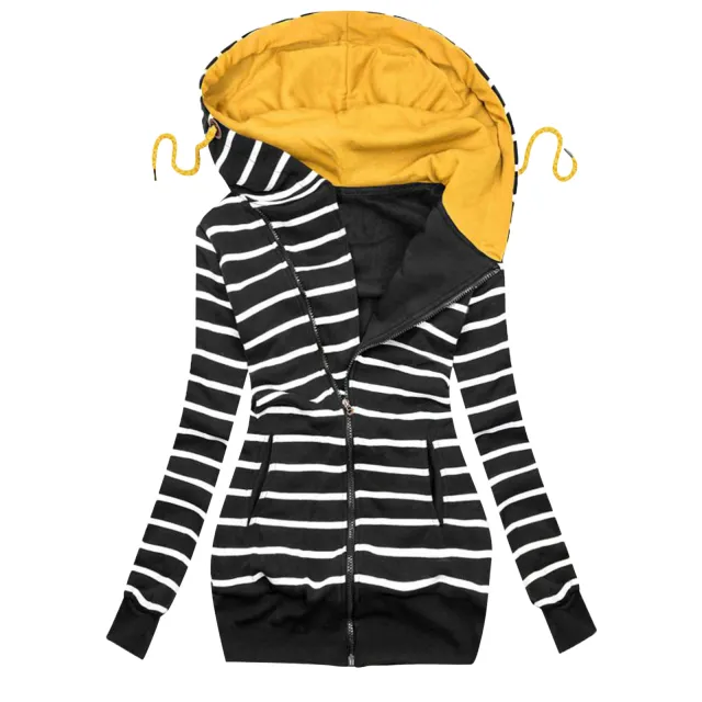 Women's Striped Printed Zipper Hoodie Black - Shop at LoveMi