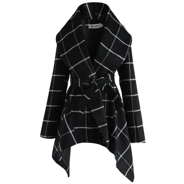 Lace up Plaid mid length top women's coat Black - Shop at LoveMi