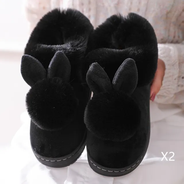 Autumn Winter Cotton Slippers Fur Rabbit Home Warm Thick Bottom Indoor Cotton Shoes Womens Slippers Cute Fluffy Cat Slippers Black - Shop at LoveMi