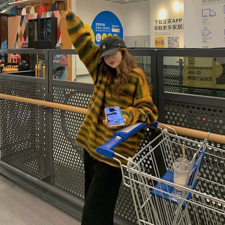 Winter new temperament wild striped mohair sweater