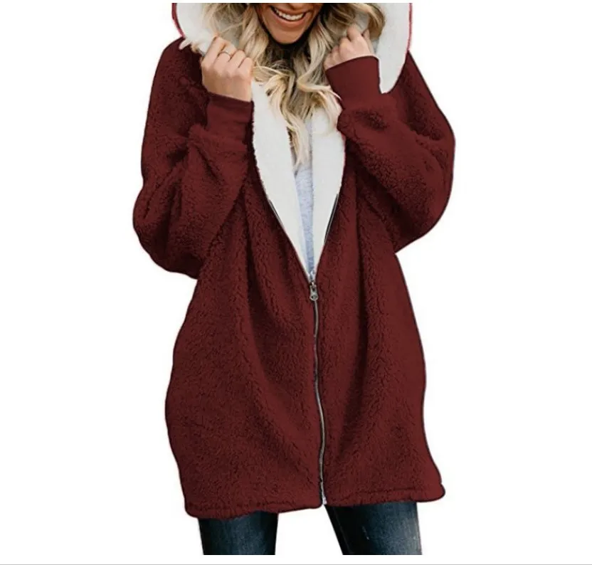 European and American lamb wool hooded mid-length sweater - Red
