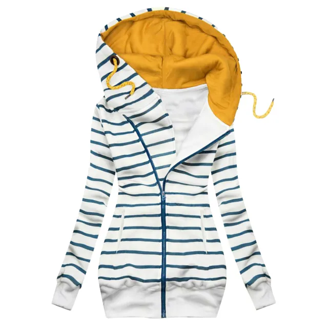 Women's Striped Printed Zipper Hoodie Blue - Shop at LoveMi