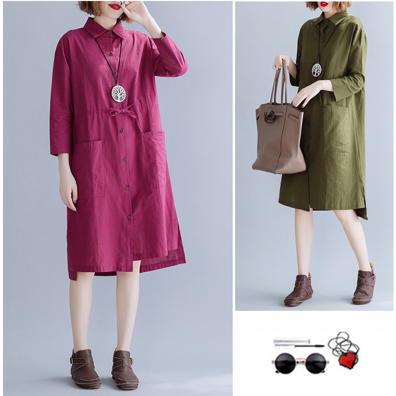 Irregular drawstring solid color shirt dress