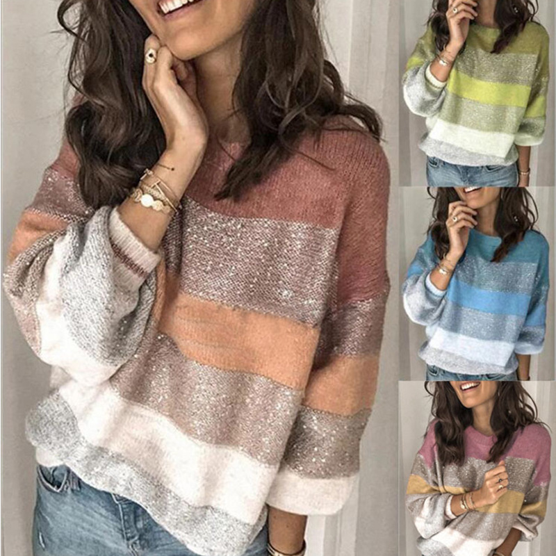 Stripe casual and loose round neck sweater