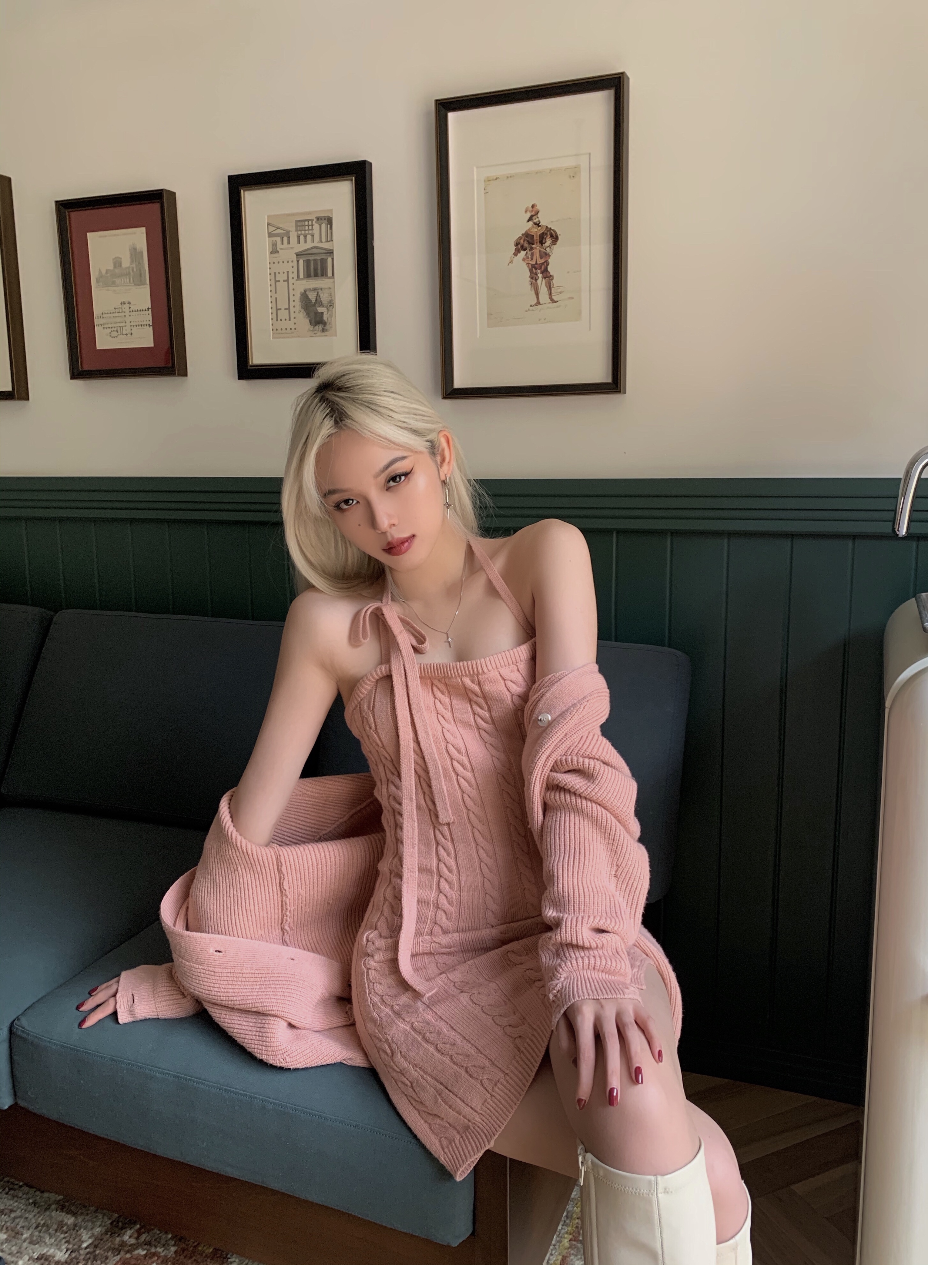 Neckline lace up sexy close fitting wool knitwear dress