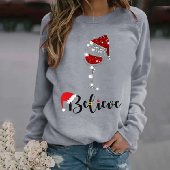Printed long-sleeved round neck sweatshirt - Grey