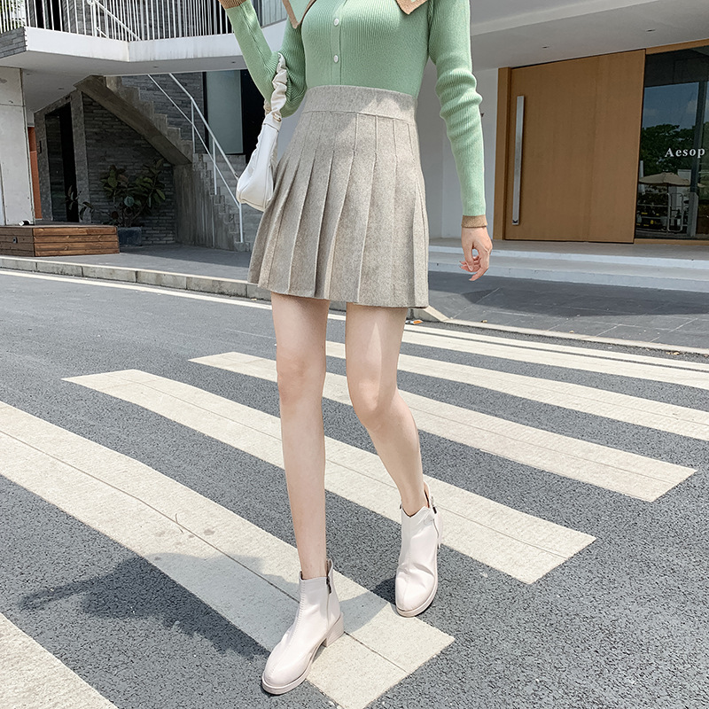 High waist knitted a-line pleated skirt bag hip skirt