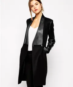 European and American stars with the new paragraph stitching leather long section Slim woolen coat woolen coat femal - View 1